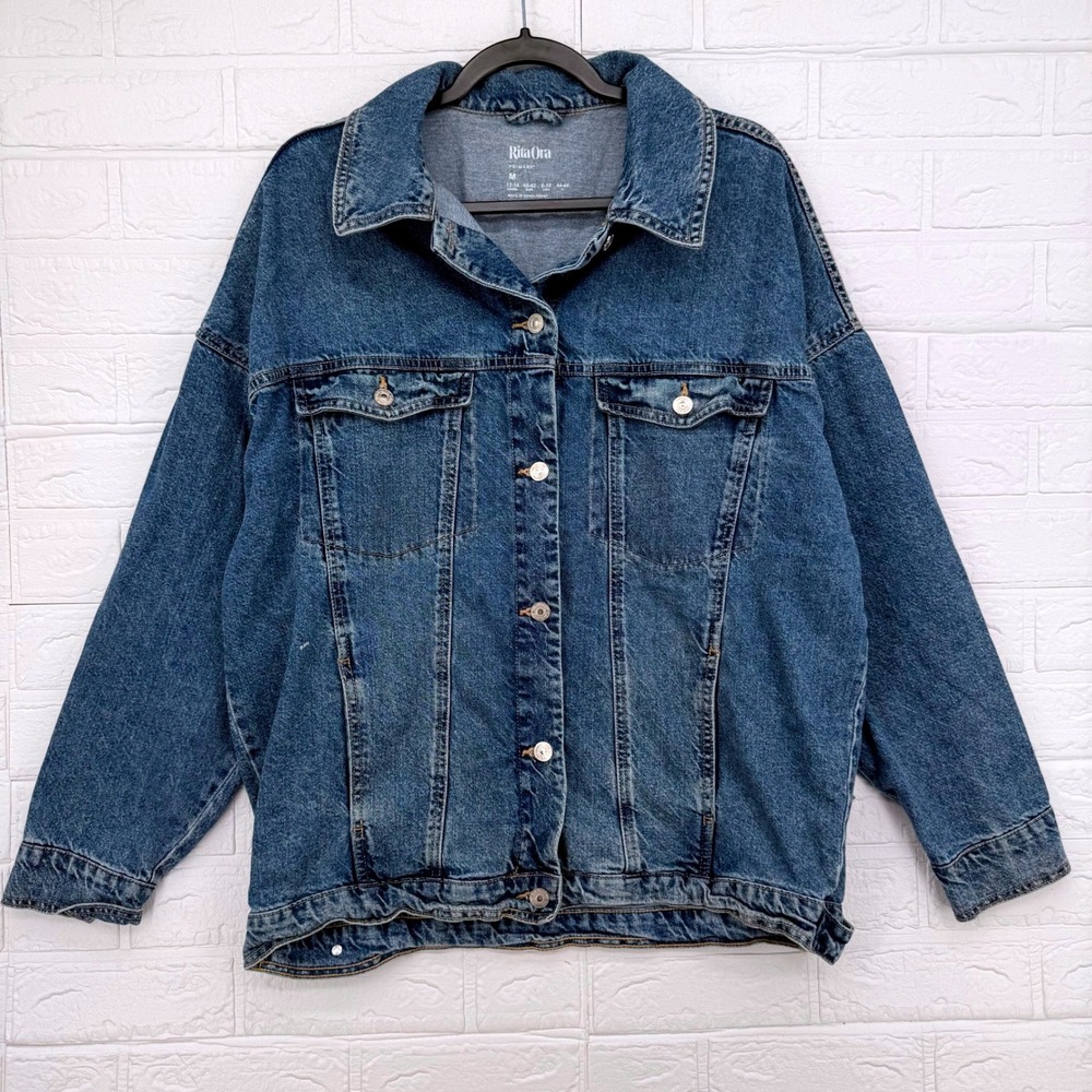Rita Ora Primark Denim Jacket Women Size M Blue Oversized Trucker Jean Jacket